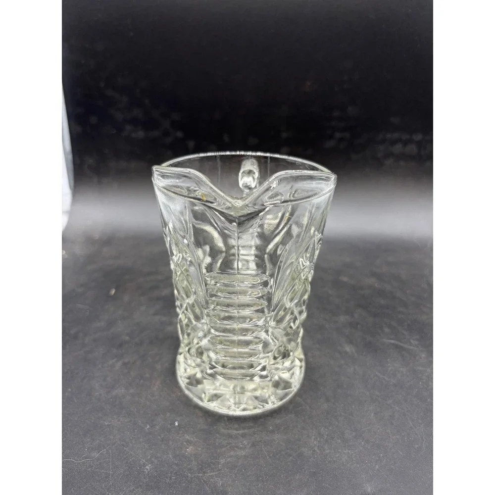 Vintage Clear Pressed Glass Pitcher Diamond Point Fan Pattern Small Creamer 5in